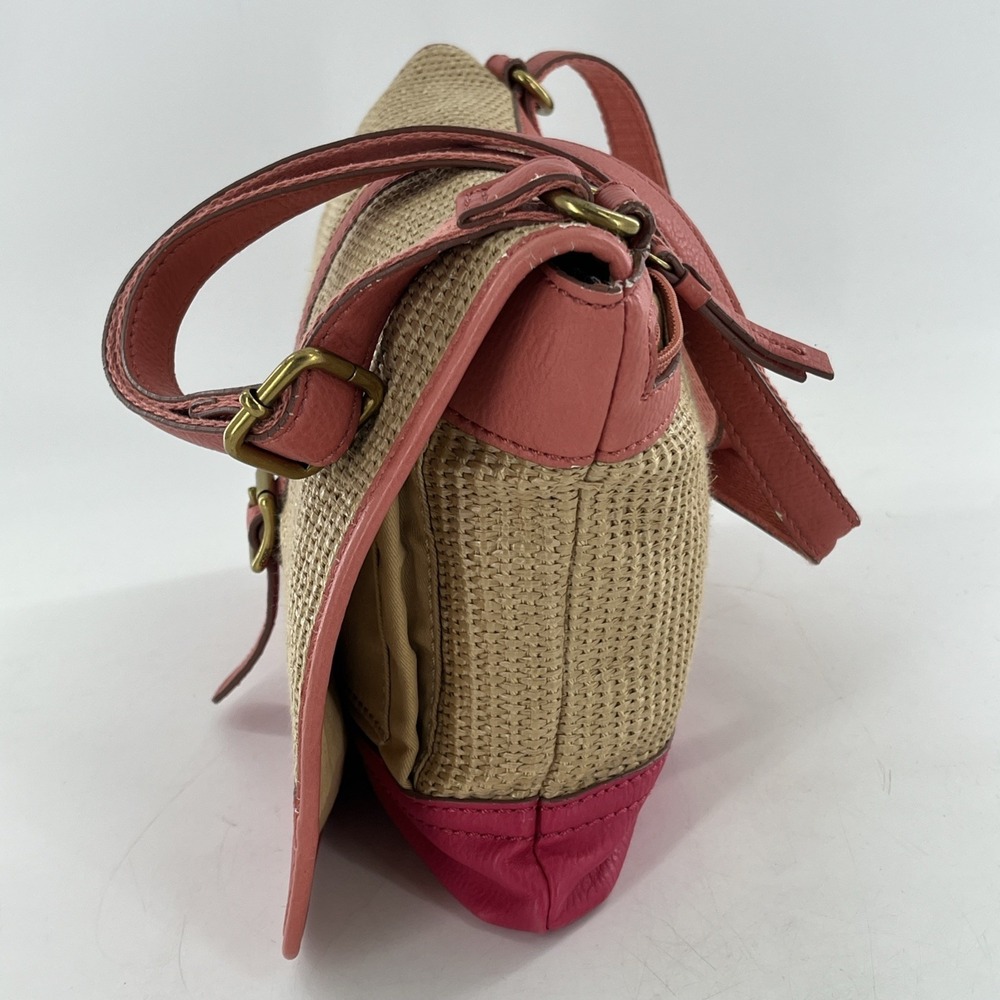 Rare Vintage Fossil Crossbody Messenger Straw & Leather Tablet Bag Pink Coral - Picture 5 of 16